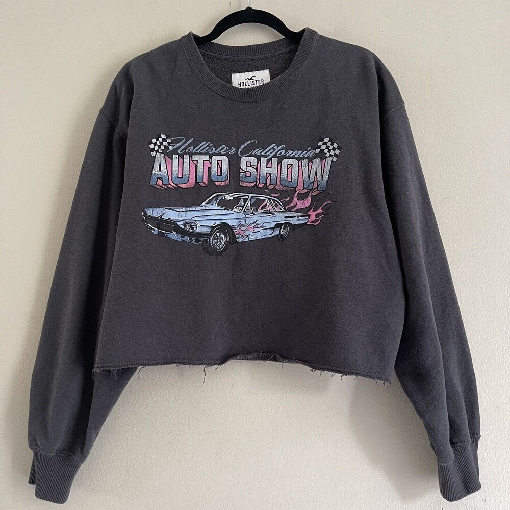 Hollister Pullover Sweatshirt Top L Auto Show Graphic California Raw Hem Gray